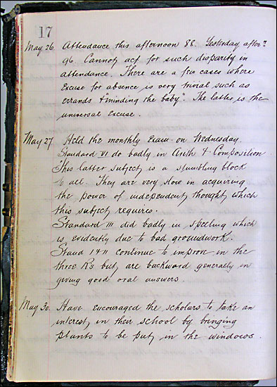 Page 17 from the School Log Book May 26th 1892
